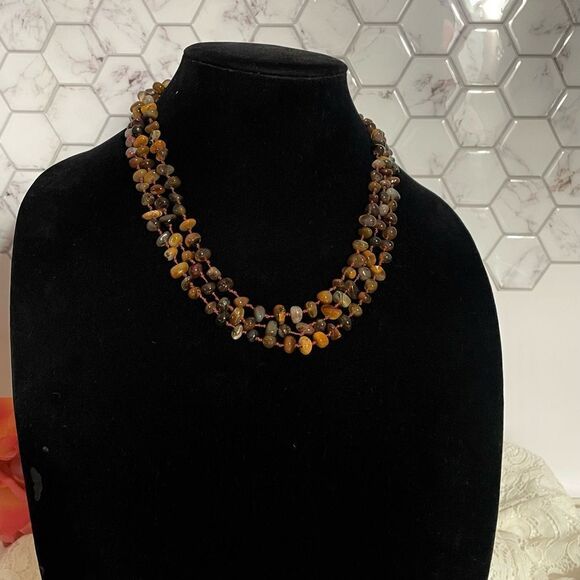 Elegant Multi-Strand Amber, Chaceldony, and Carnelian 3 Strand Necklace - Picture 3 of 5